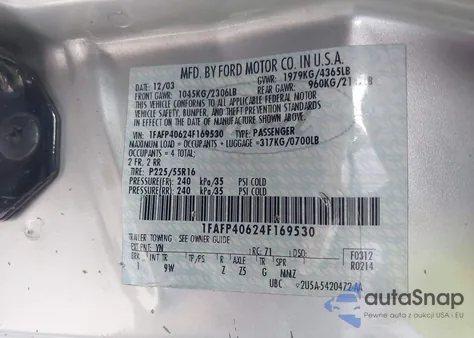 2004 Ford Mustang z USA, uszkodzony, nr VIN 1FAFP40624F169530